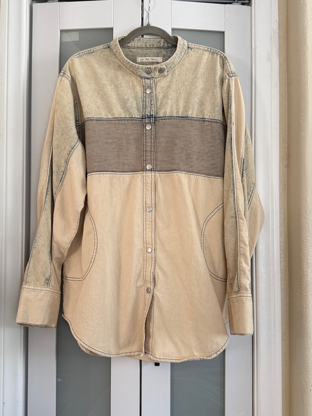 Free People We The Free Moto Colorblock Denim Shirt Jacket Sand Jam Large